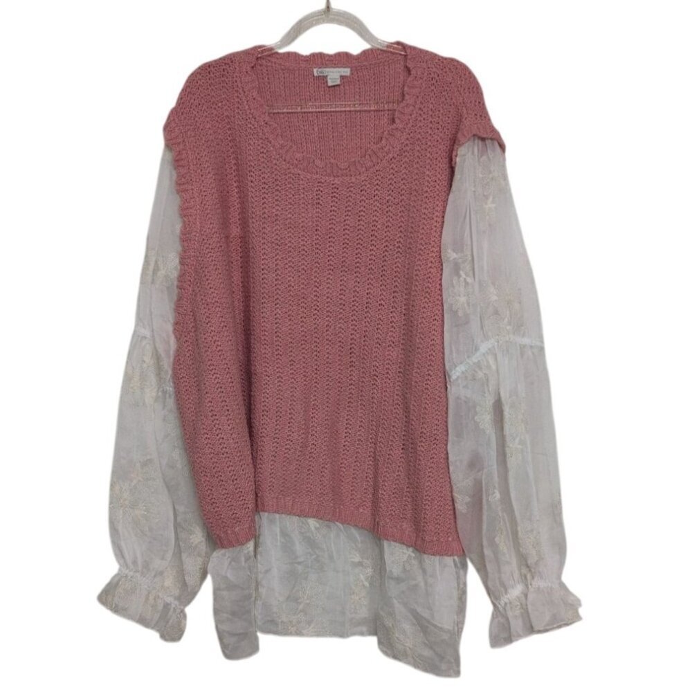 Cato Twofer Contrast Embroidered Sweater Womens Plus Size 26/28W Pink Floral